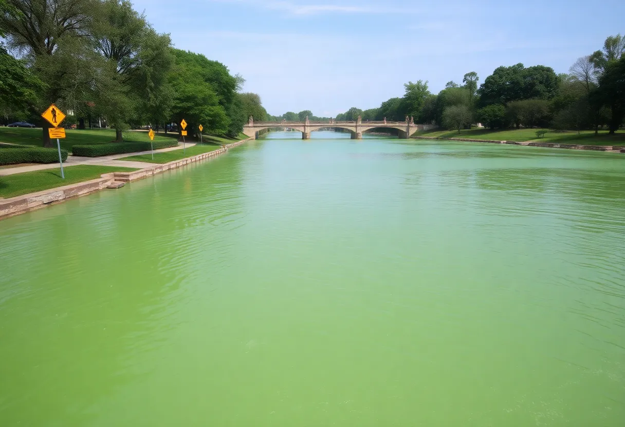 Cyanobacteria bloom in Muddy River with warning signs