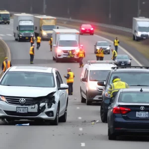 Scene of a multi-vehicle accident on the highway with emergency response teams
