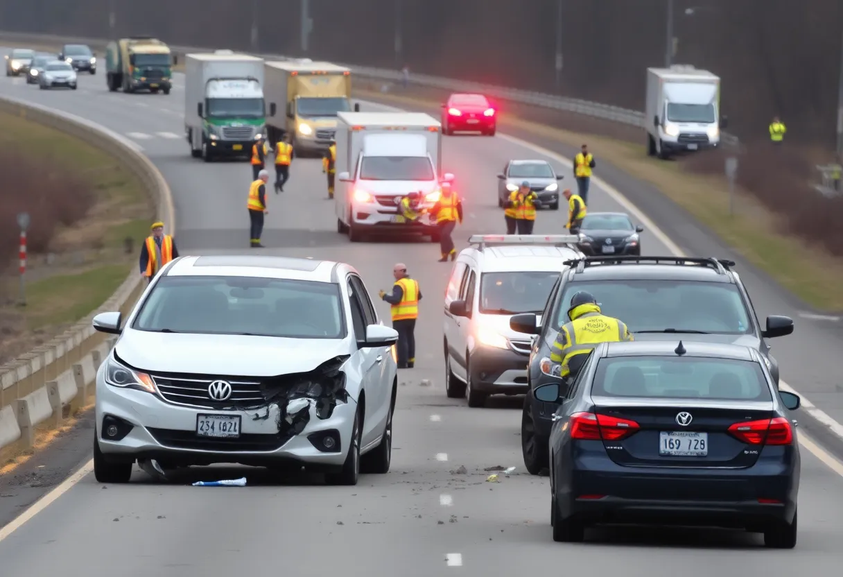 Scene of a multi-vehicle accident on the highway with emergency response teams