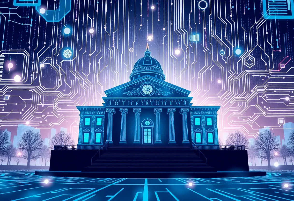 Illustration of a city hall with AI technology elements.