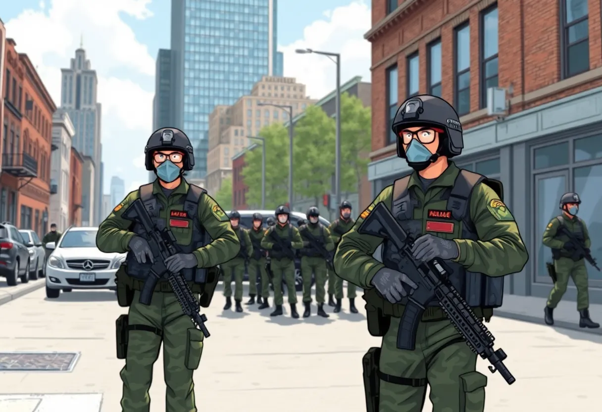 Military personnel in a city environment, symbolizing the debate over National Guard deployment.