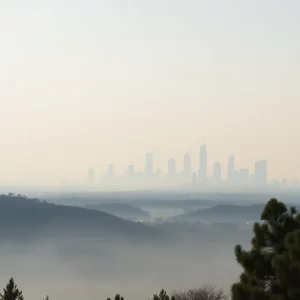Hazy city skyline in New England due to wildfire smoke