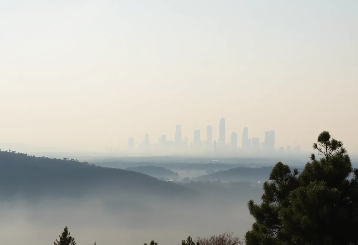 Hazy city skyline in New England due to wildfire smoke