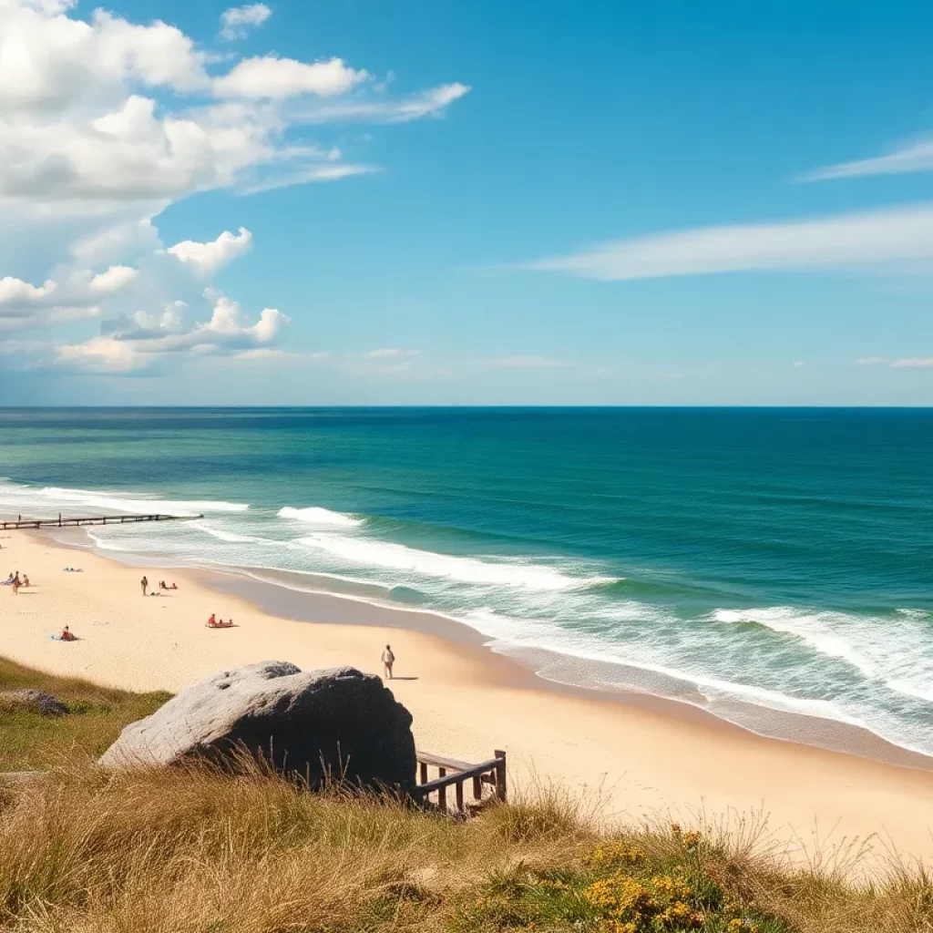 Image showing New England coast during a heatwave with beachgoers and clouds.