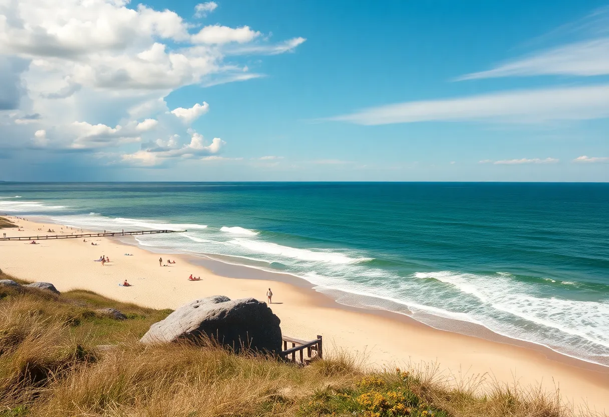 Image showing New England coast during a heatwave with beachgoers and clouds.