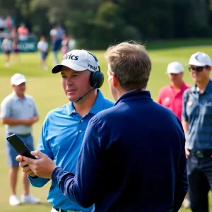 On-site reporter at a golf tournament interacting with players