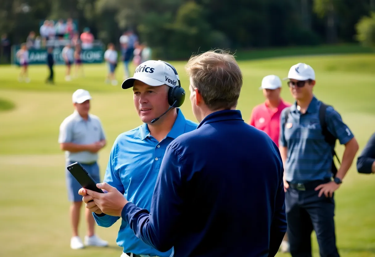 On-site reporter at a golf tournament interacting with players