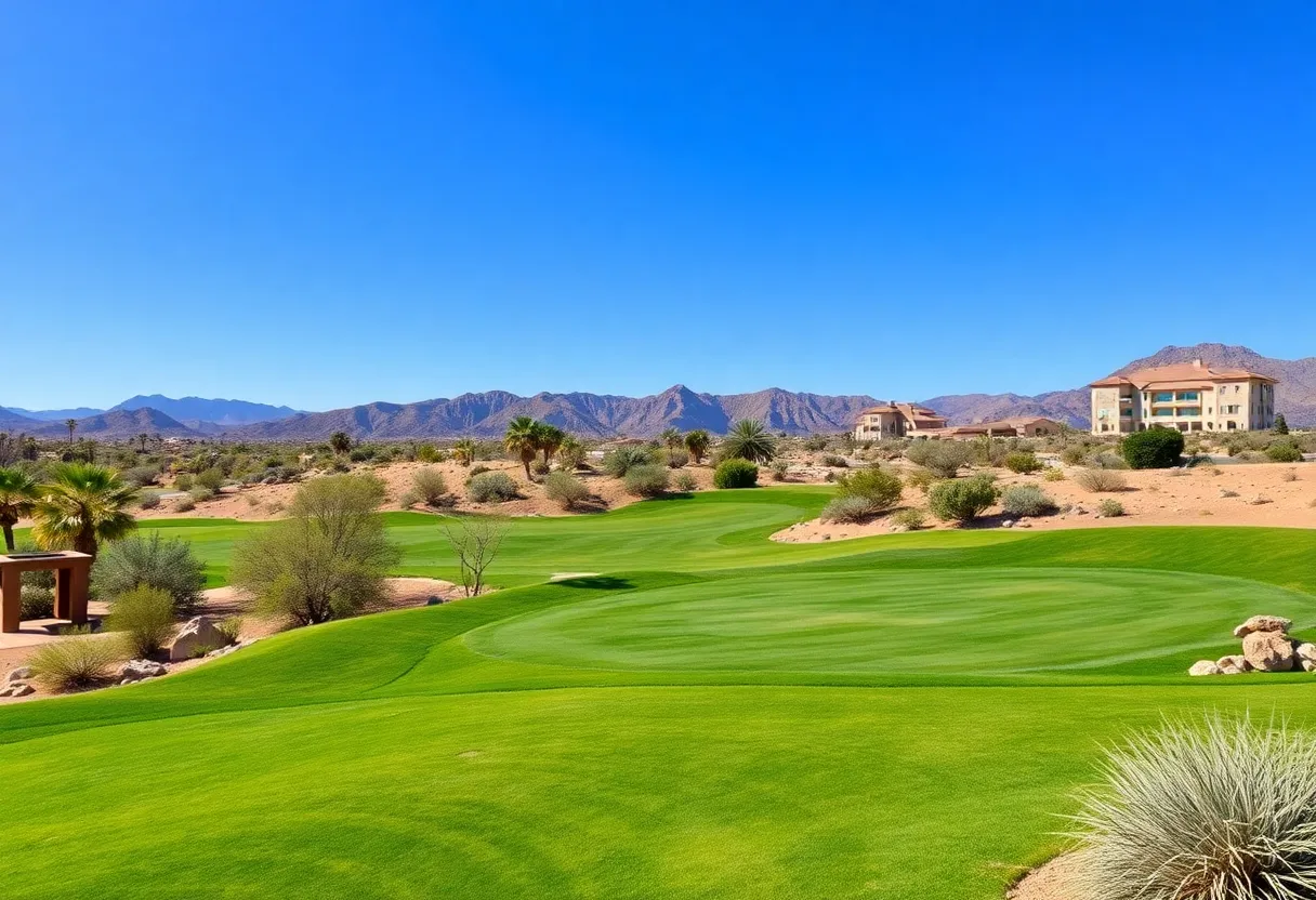 Sustainable golf course with green grass and irrigation technology in the desert