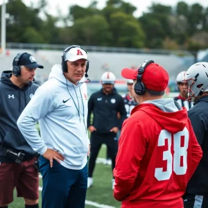 Patriots coaching staff discussing strategies on the football field.