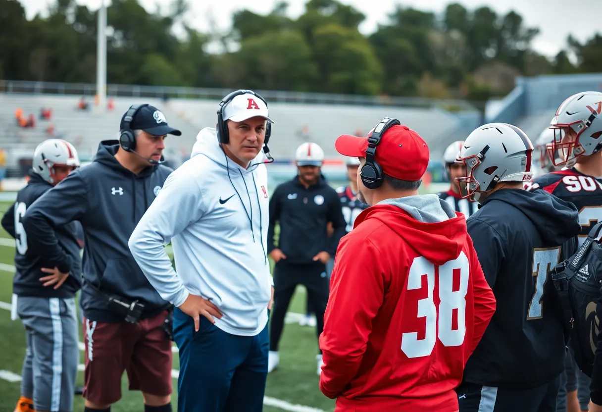 Patriots coaching staff discussing strategies on the football field.