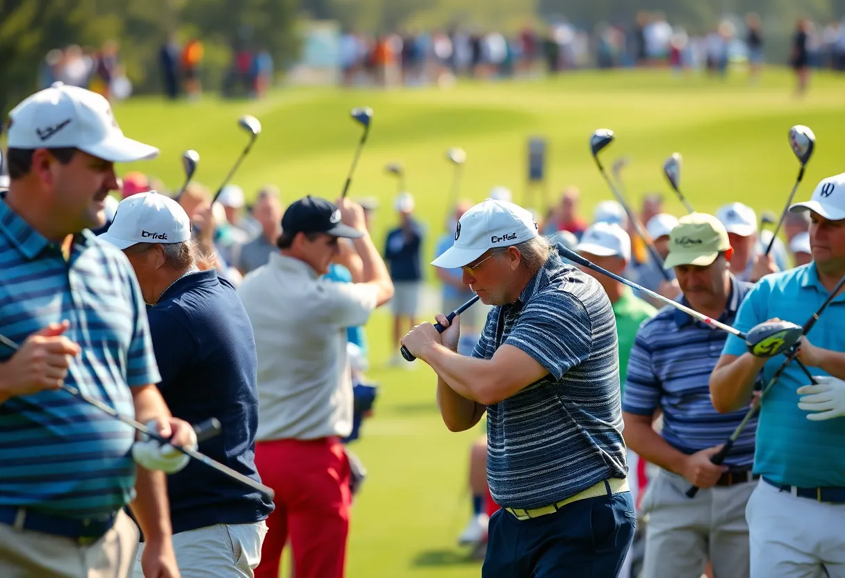 Players competing in a golf tournament using different driver models.