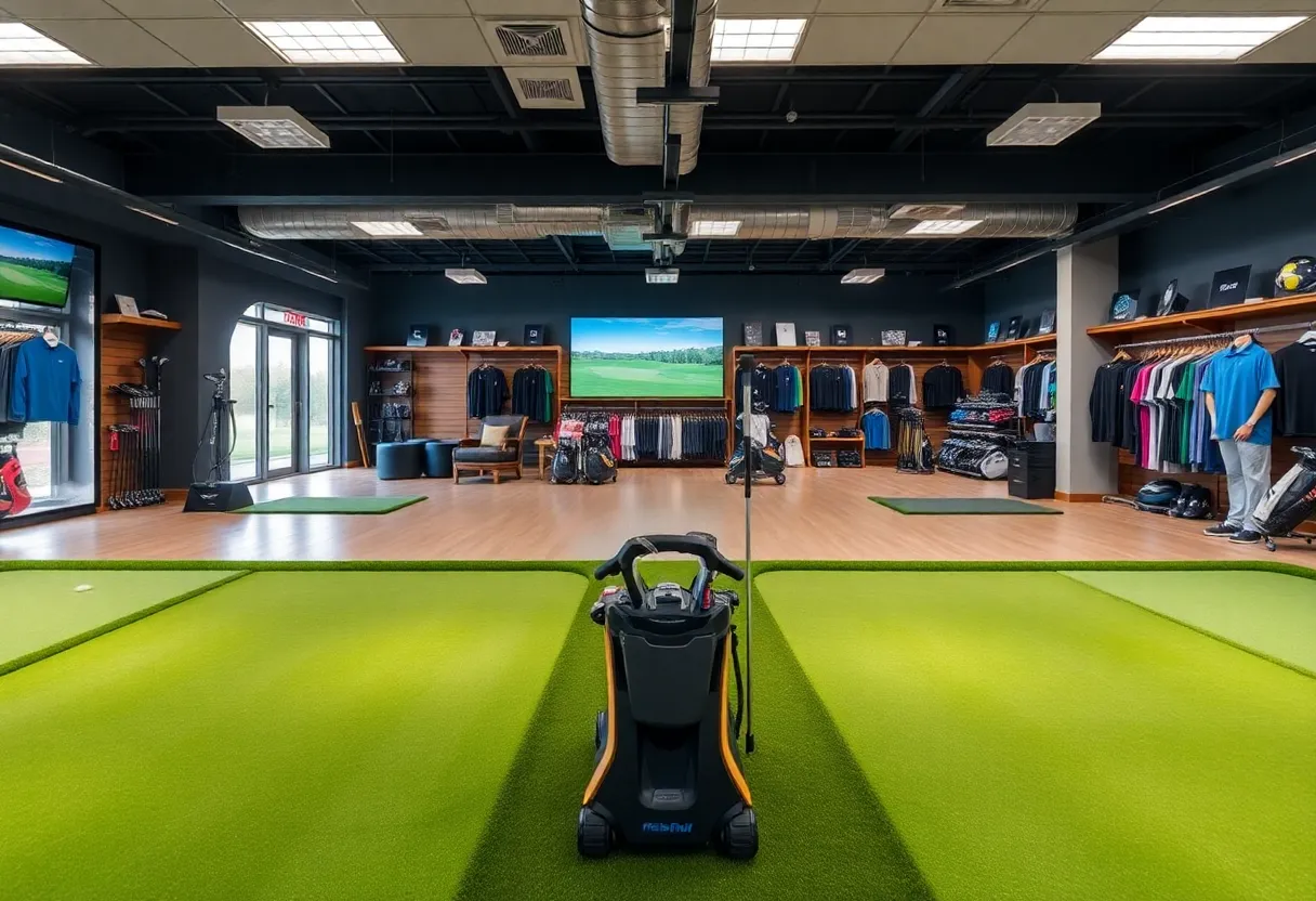 Interior view of the PGA TOUR Superstore showcasing golf equipment and practice areas