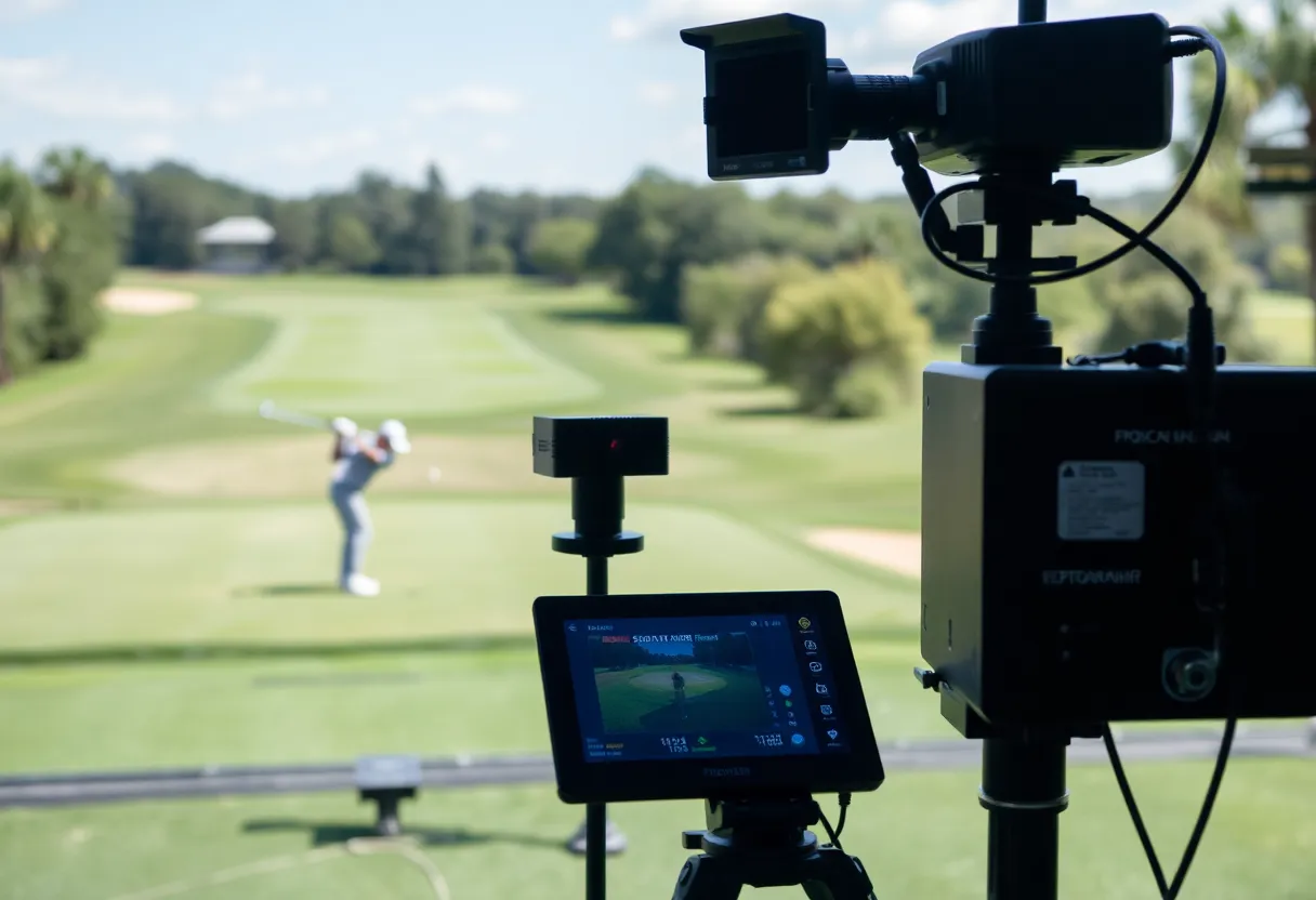 A broadcast setup showcasing PGA TOUR and Trackman technology with radar tracking units and cameras.