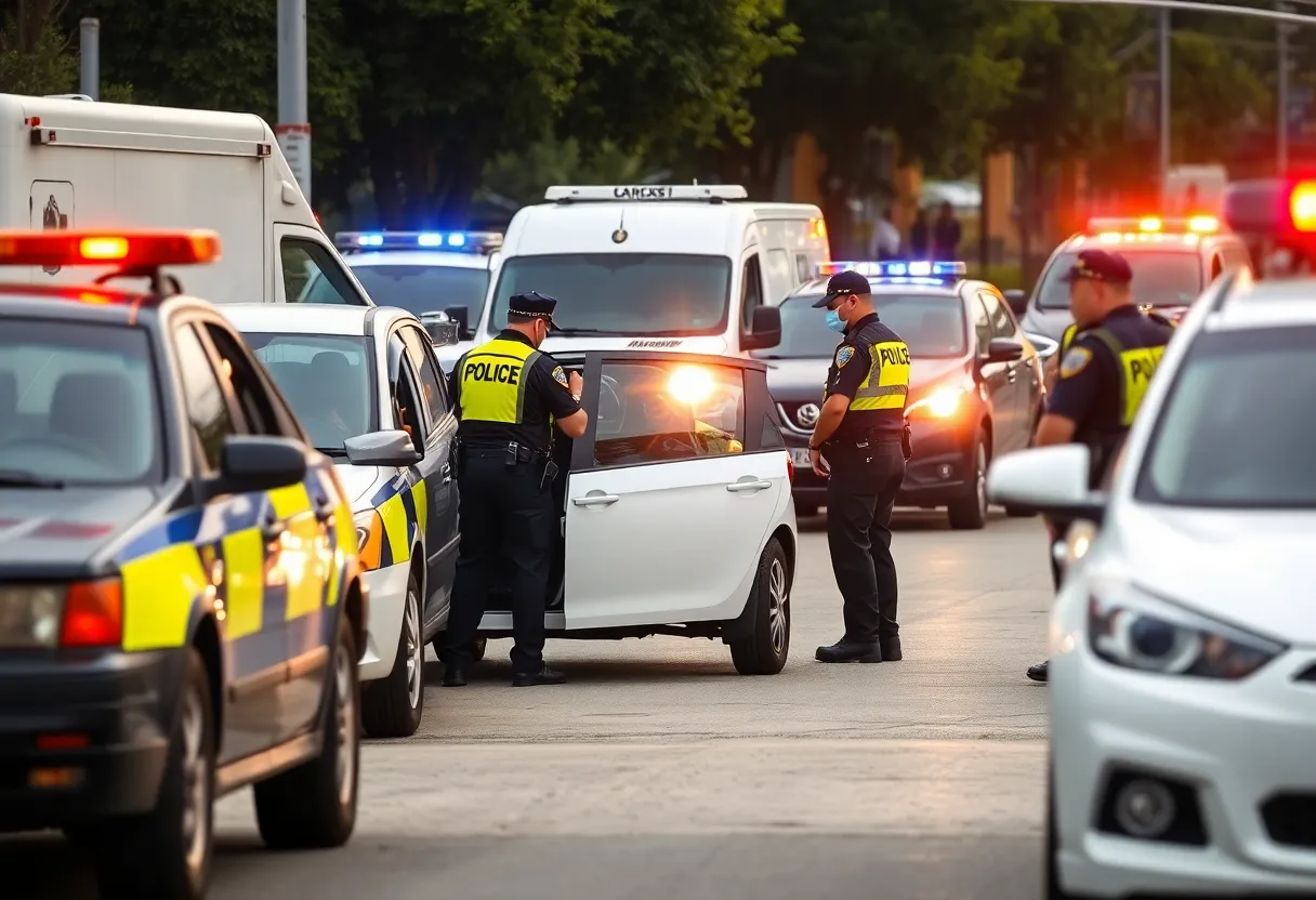 Police officers at a crime scene in Dedham inspecting a rideshare vehicle