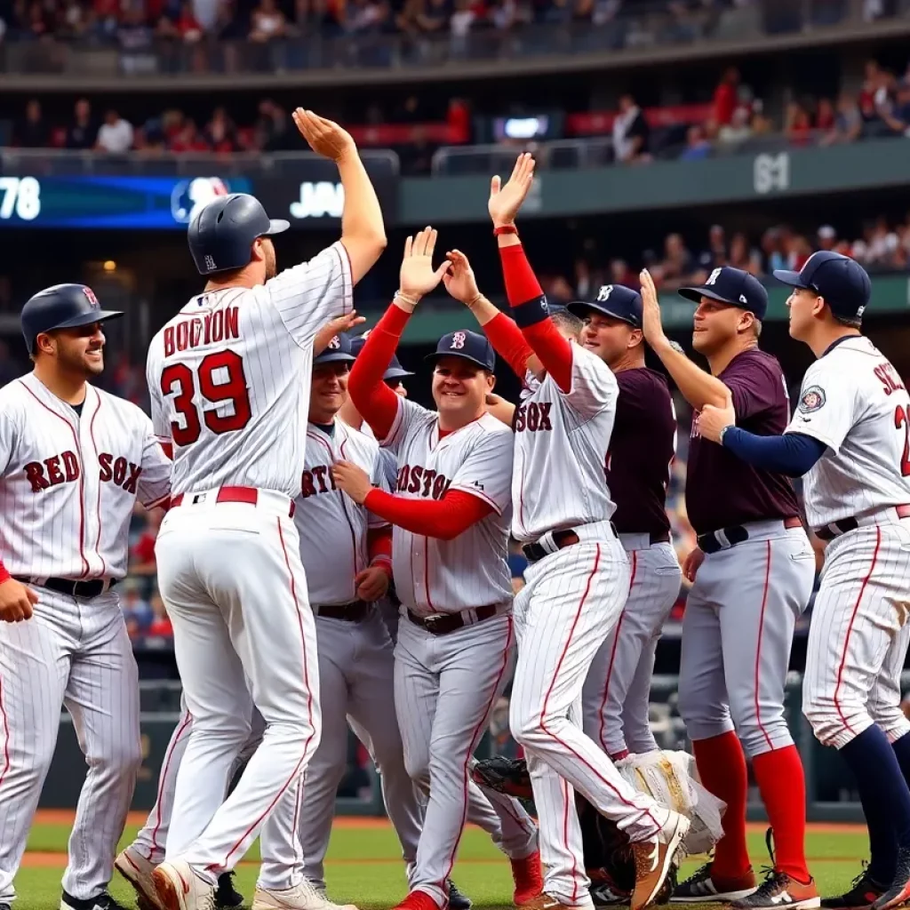 Boston Red Sox players celebrating after a game at Yankee Stadium