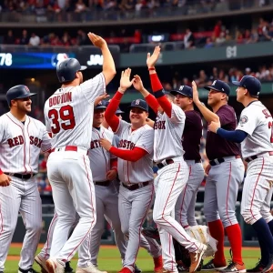 Boston Red Sox players celebrating after a game at Yankee Stadium