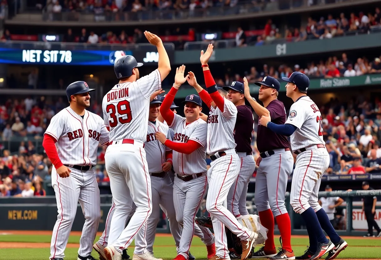 Boston Red Sox players celebrating after a game at Yankee Stadium