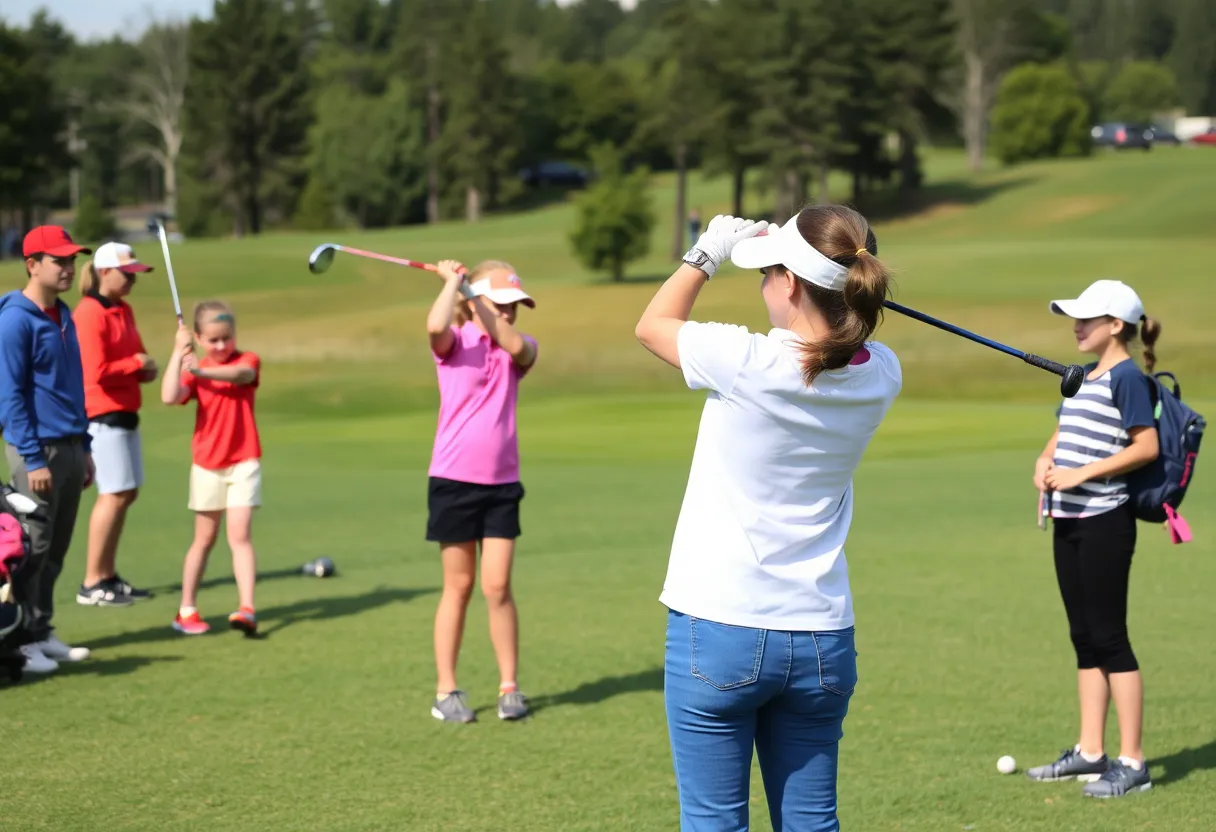 Girls golf players practicing at a golf course during the mini meet.