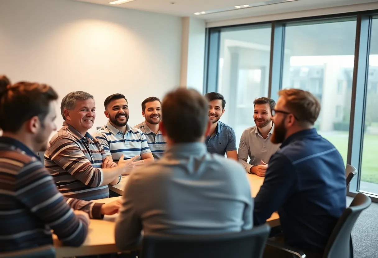 Conference room filled with golf team members discussing Ryder Cup selections.