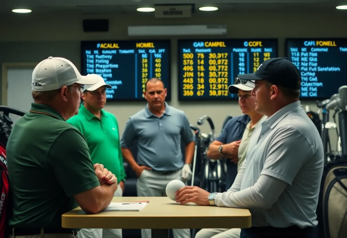 Golf players anticipating Ryder Cup team selections in a clubhouse
