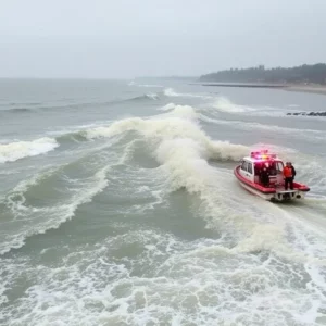 Rescue operations at Salisbury Beach after a boat capsized