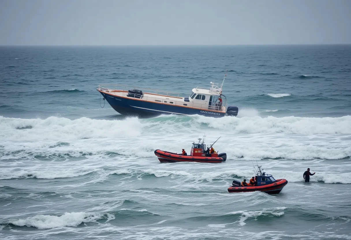 Rescue boats searching for a missing man after a boat capsized off Salisbury Beach.