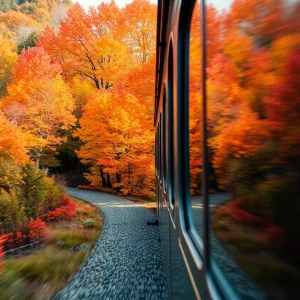 Train traveling through colorful autumn scenery