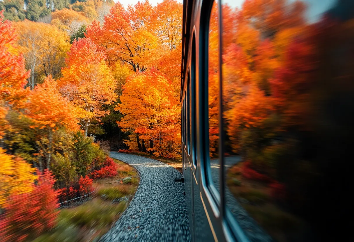 Train traveling through colorful autumn scenery