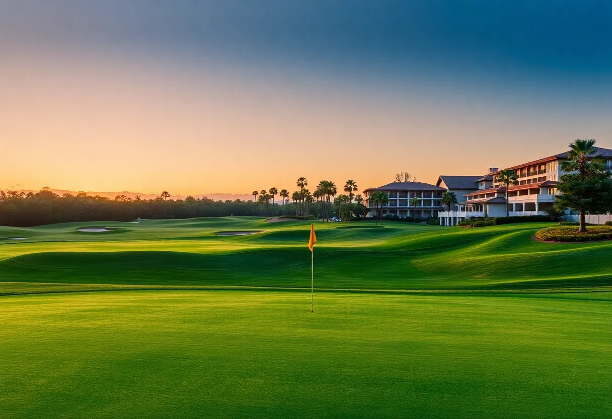 A picturesque view of a golf course with lush fairways and a resort in the distance