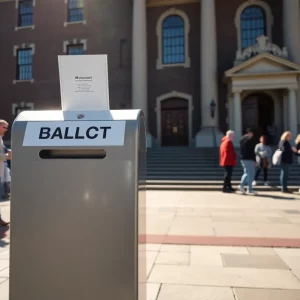 A ballot drop box in Massachusetts with voters in the background