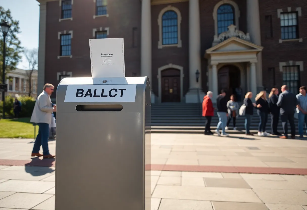A ballot drop box in Massachusetts with voters in the background