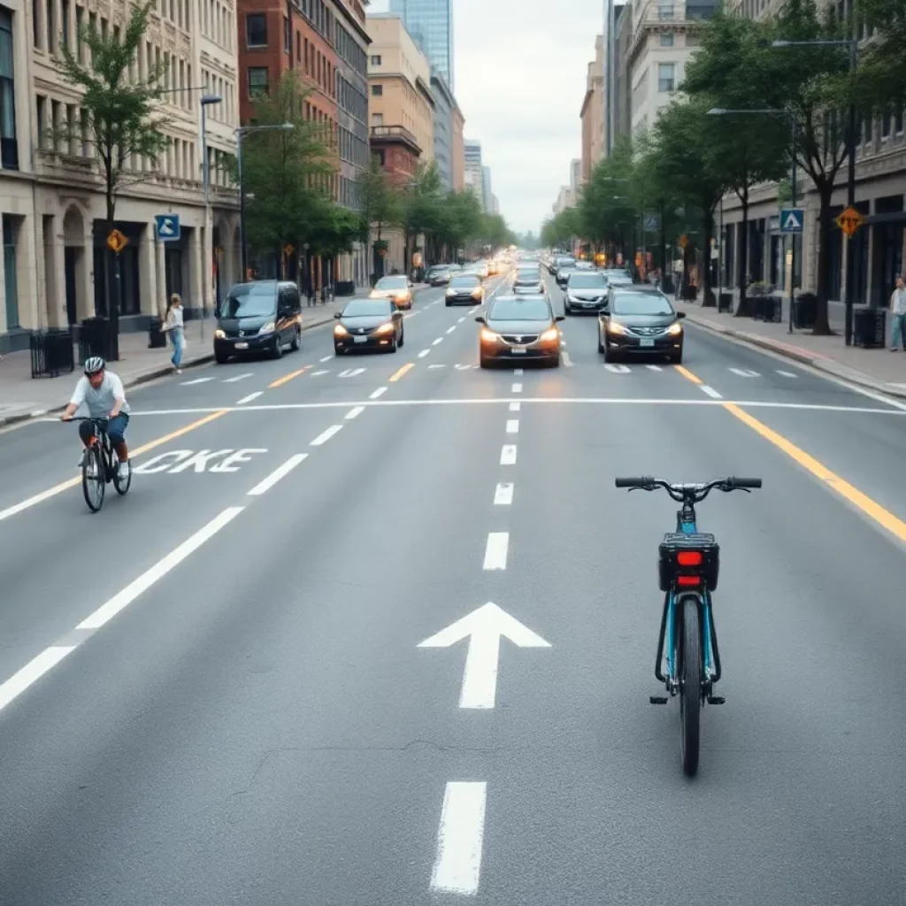 Designated bike lanes on a city street in Somerville
