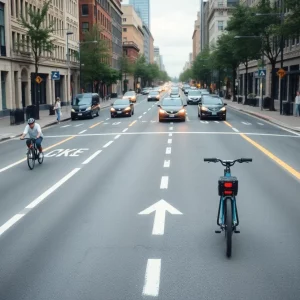 Designated bike lanes on a city street in Somerville