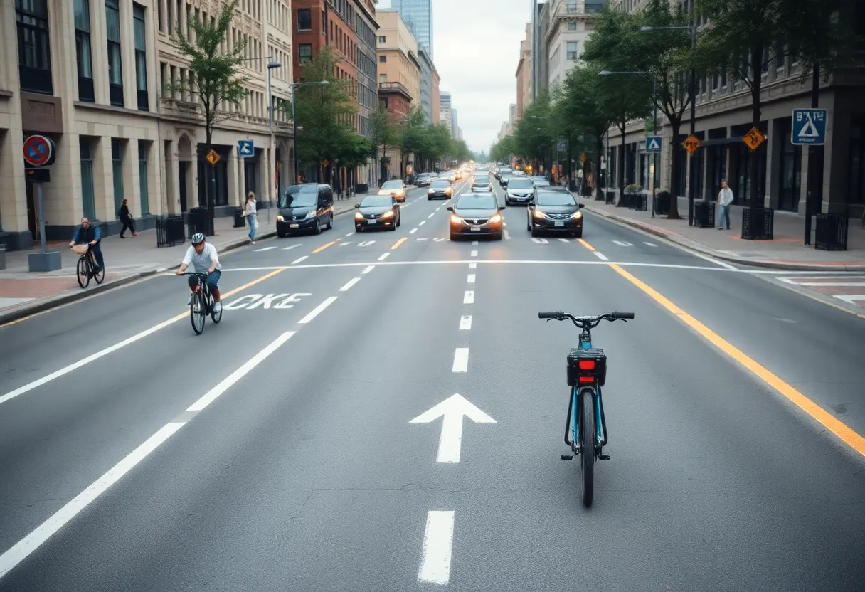 Designated bike lanes on a city street in Somerville