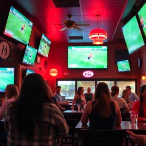 Interior of The Sports Bra sports bar focusing on women's athletic events in Boston.
