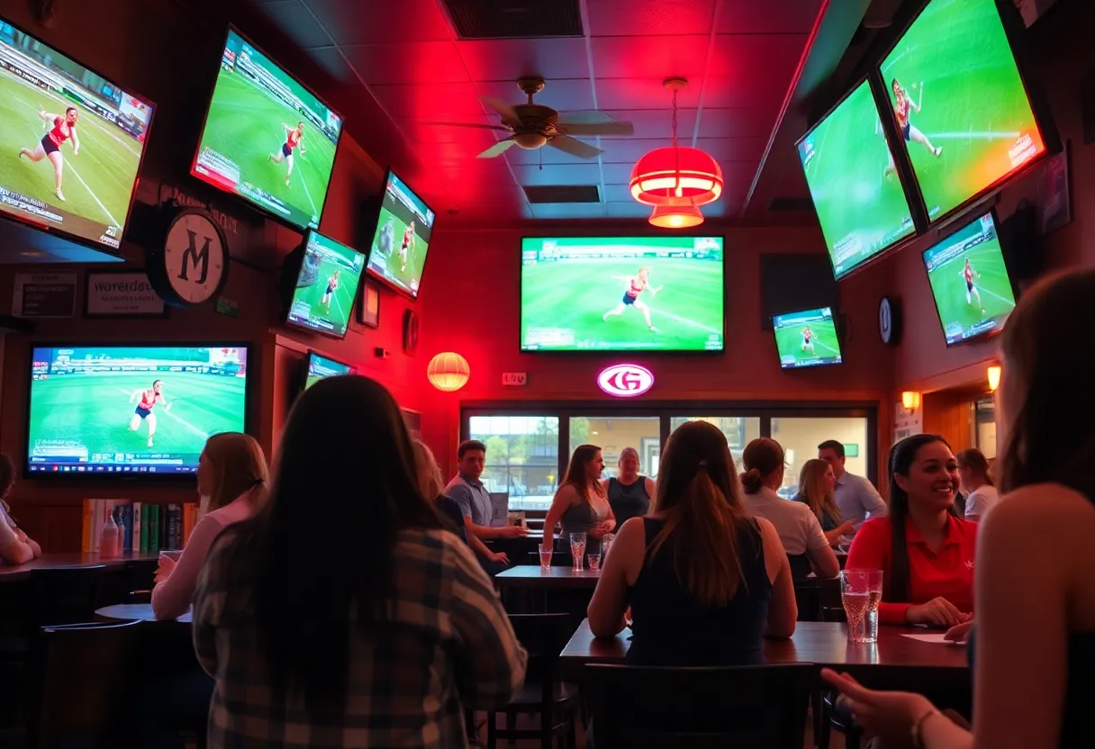 Interior of The Sports Bra sports bar focusing on women's athletic events in Boston.