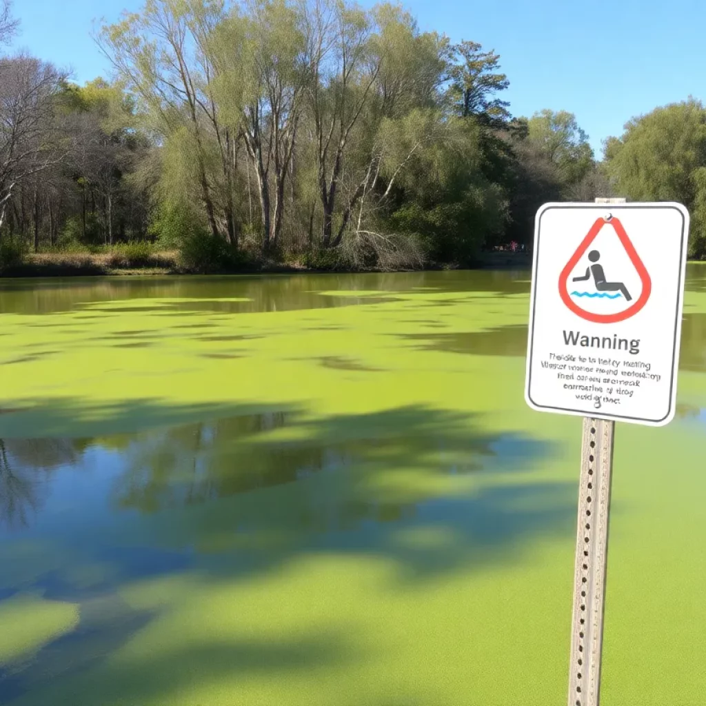 Greenish water of Sprague Pond showing signs of cyanobacteria bloom