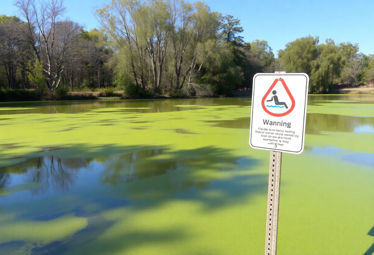 Greenish water of Sprague Pond showing signs of cyanobacteria bloom