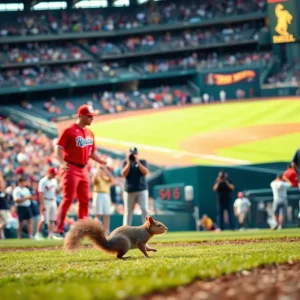 A squirrel exploring the baseball field during a game.