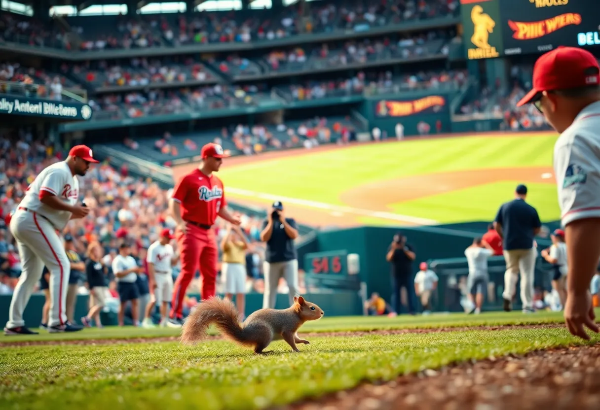 A squirrel exploring the baseball field during a game.