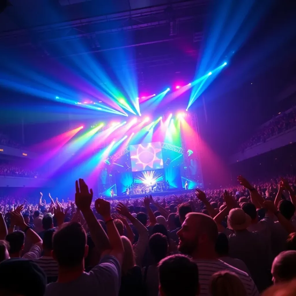 Excited crowd at a concert with colorful lights