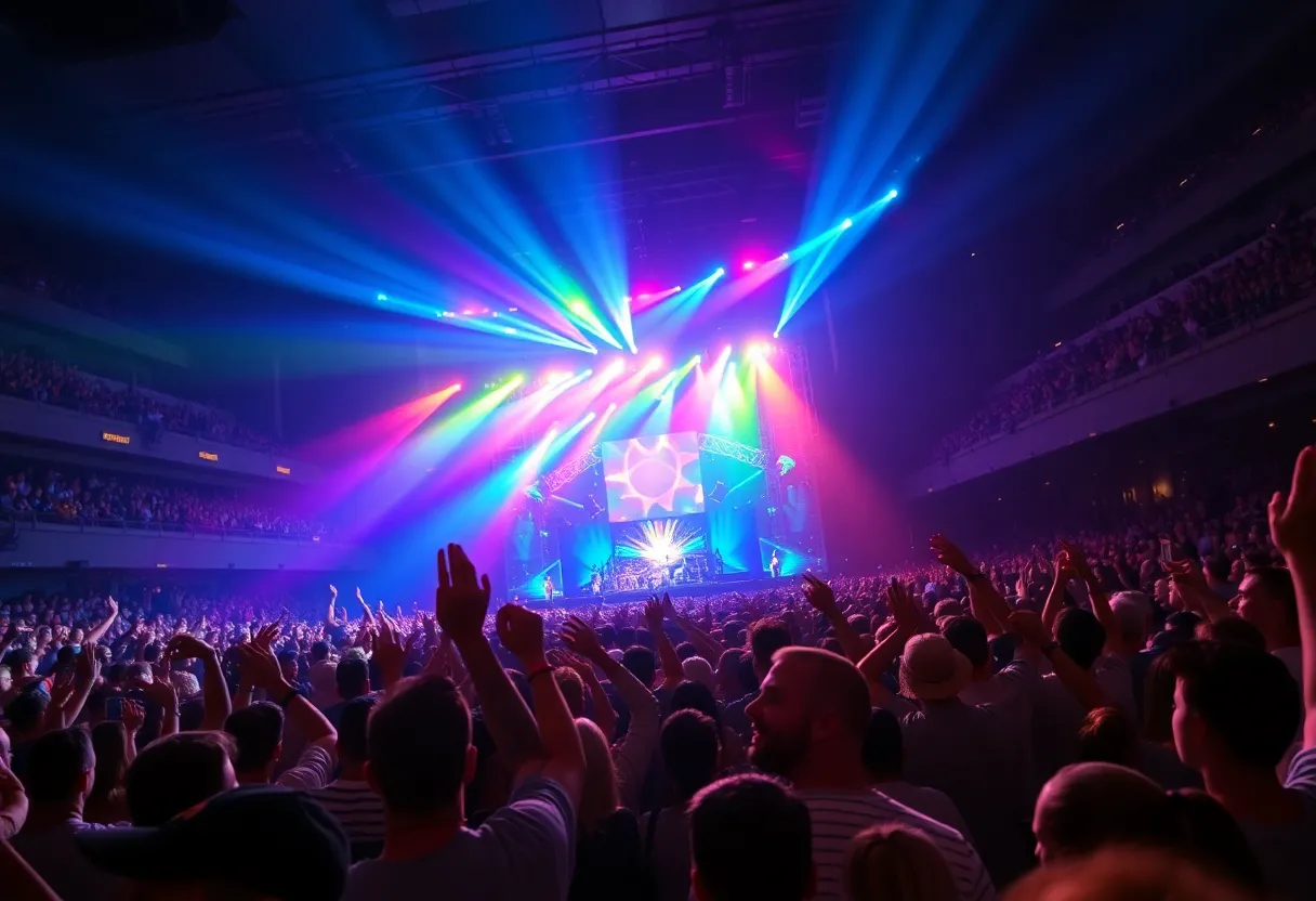 Excited crowd at a concert with colorful lights