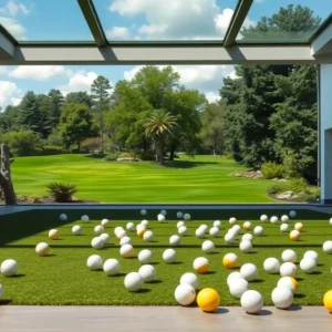 Stray golf balls in courtyard of martial arts studio with golf course behind.