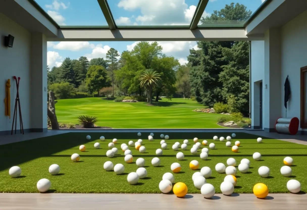 Stray golf balls in courtyard of martial arts studio with golf course behind.