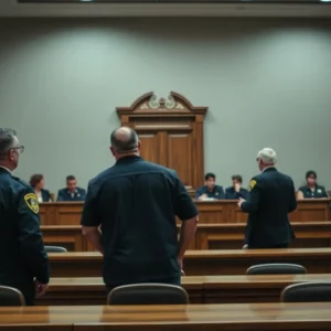 Courtroom scene representing law enforcement and justice