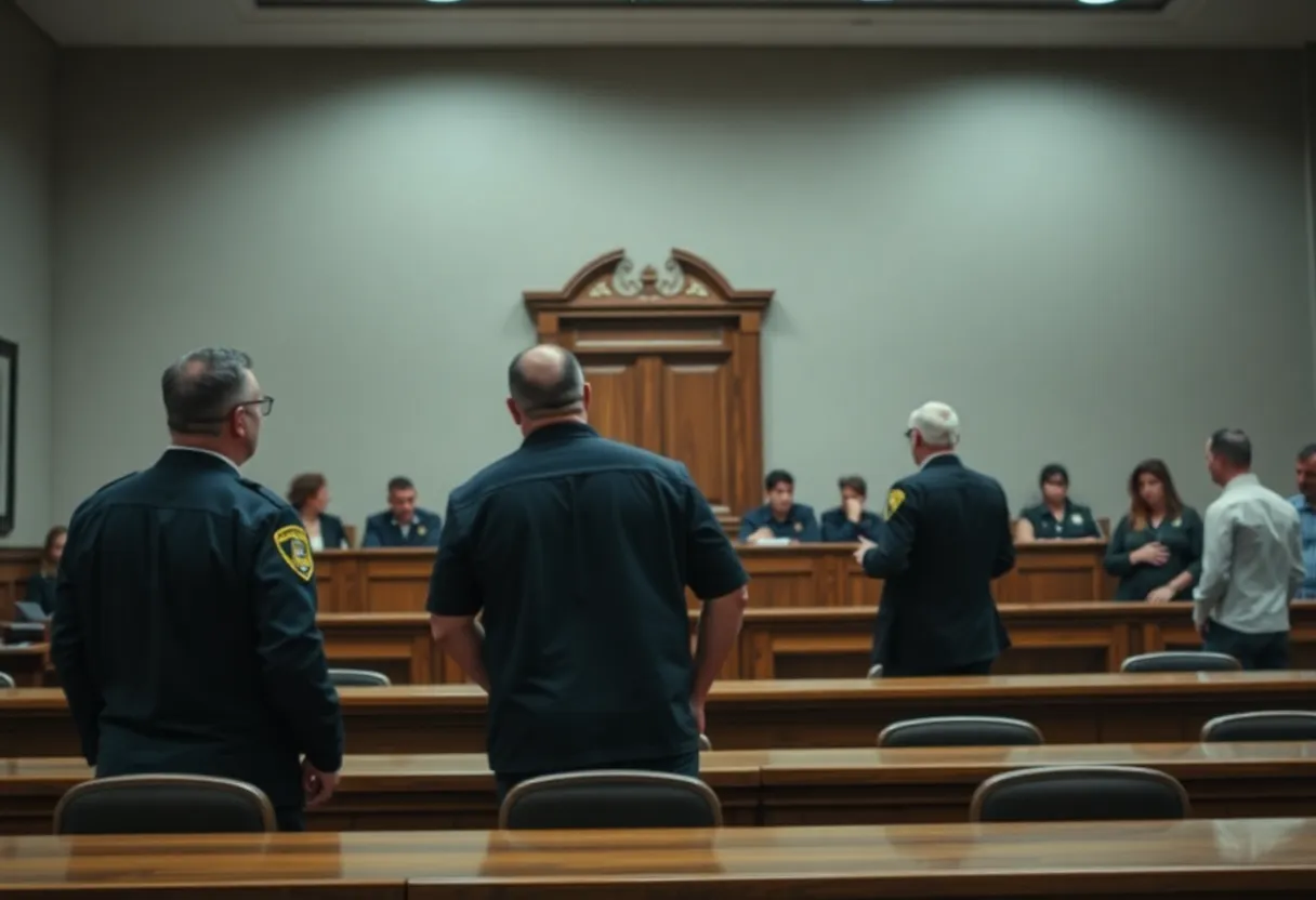 Courtroom scene representing law enforcement and justice