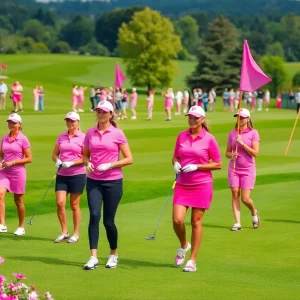 Women golfers in pink outfits participating in the Swing Fore Pink event at Tedesco Country Club.