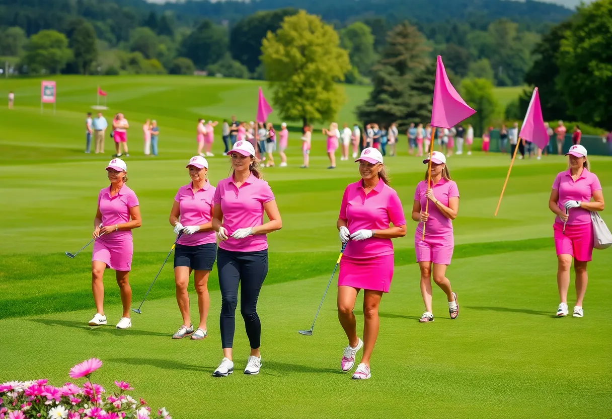 Women golfers in pink outfits participating in the Swing Fore Pink event at Tedesco Country Club.