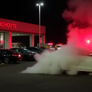 Smoke rising from a damaged Tesla vehicle at a dealership