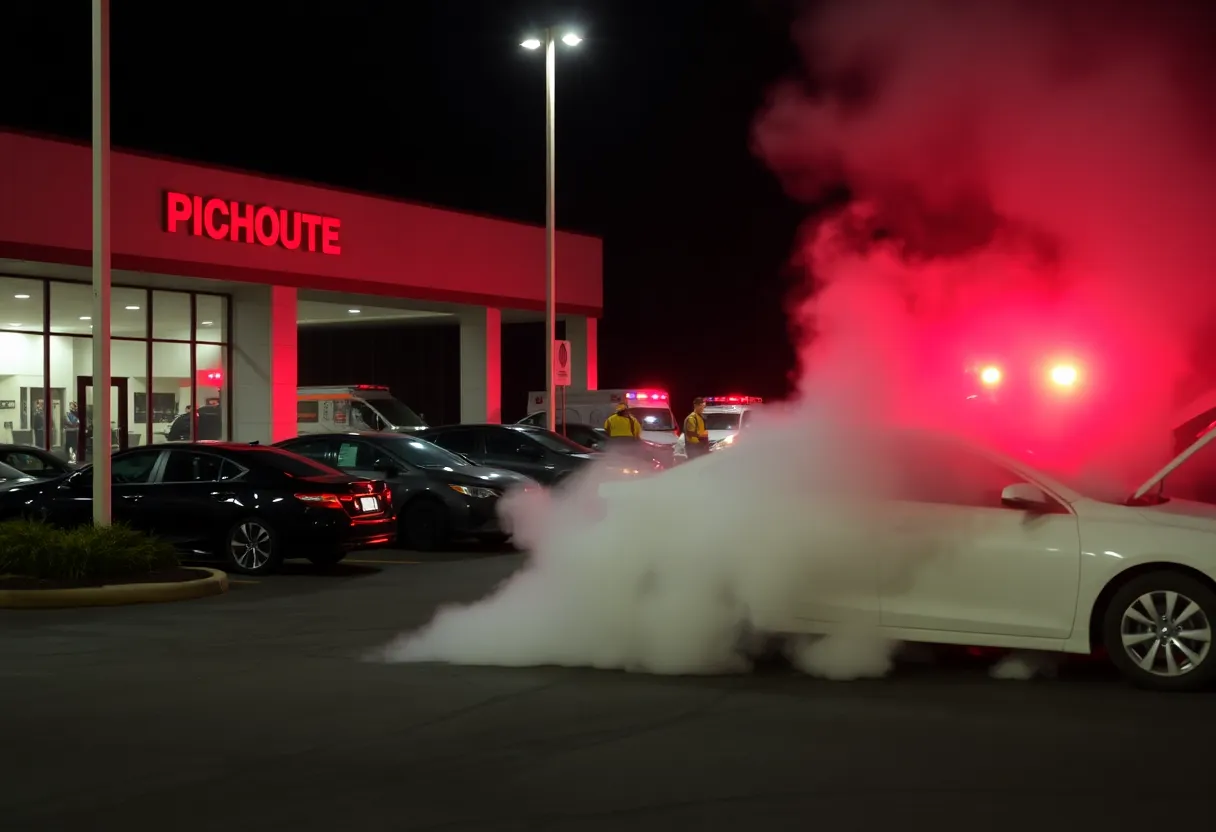 Smoke rising from a damaged Tesla vehicle at a dealership